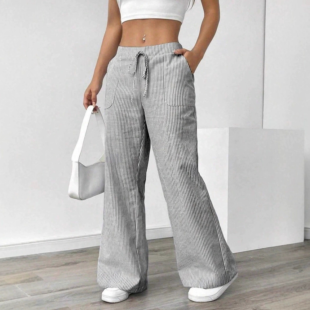 Forever 21 Women's Striped Loose Wide-Leg Thin Lazy Style Extra Long Pants